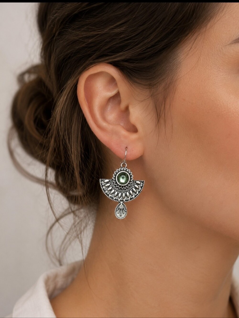 Green And Silver Fan Stamped Earrings